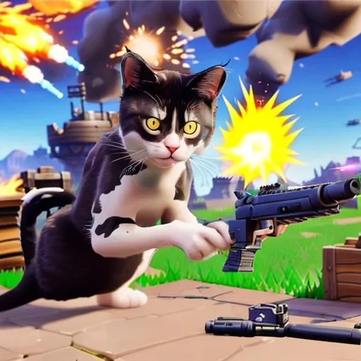 Prompt: a cat playing fortnite while eating popcorn, add a gun in the cats hand, make barrel of gun longer, make the cat realistic, make gun realistic, make background realistic, add explosions in background, make cats eyes shoot lasers, add fire, enhance background, make player realistic, add clouds, make background realistic, add depth to background, add a scar on the cats face, add blood, add blood on the chest of the cat, make blood red