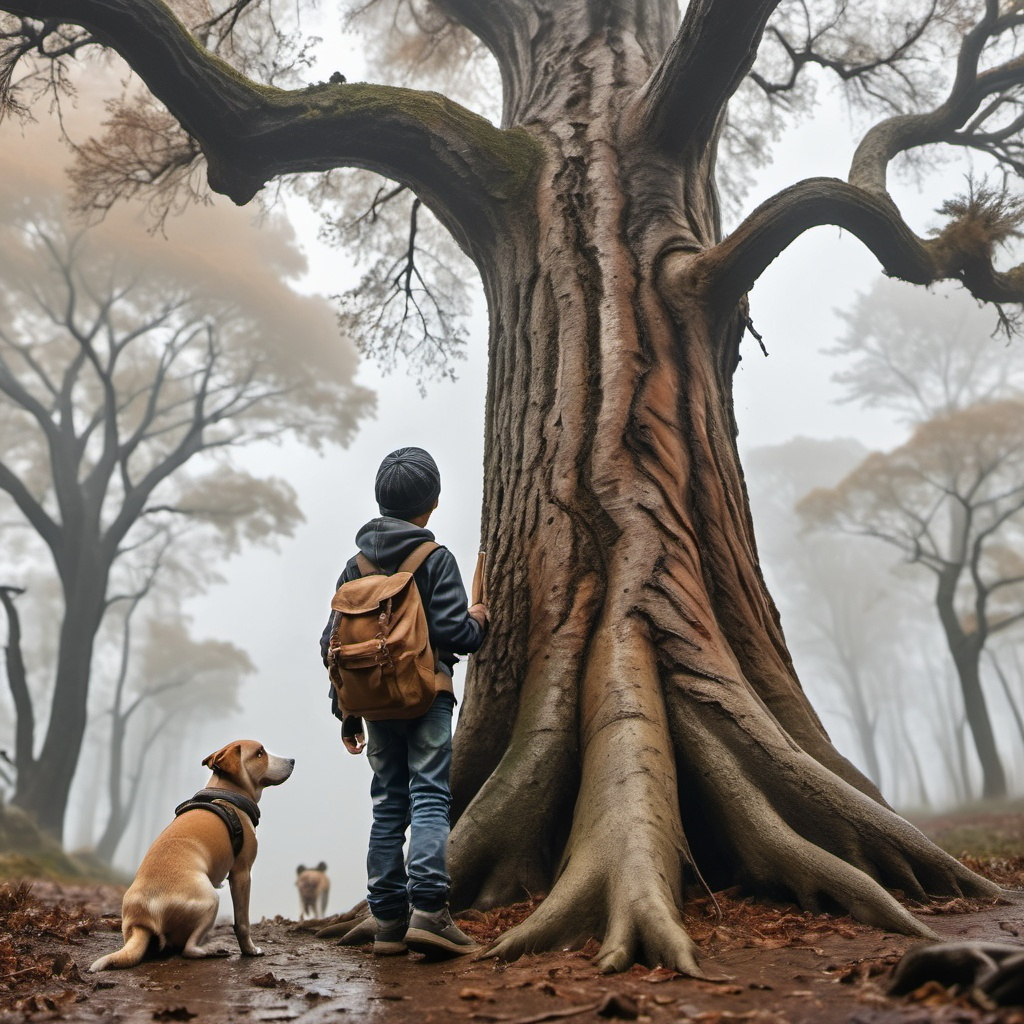 a boy and a dog are standing in front of a huge tree...