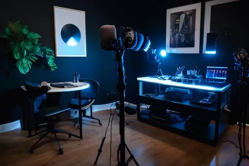 Prompt: Stylish and urban podcast production studio setup for interviews with table and product placement 