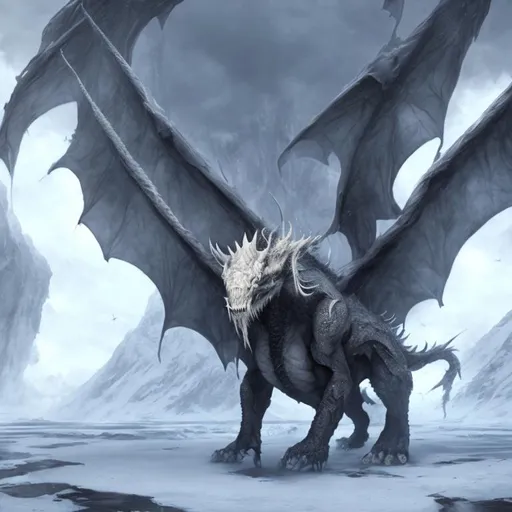 Prompt: splash art of a {white} {dragon} with {mammoth tusks}, {tundra}, perfect composition, hyperrealistic, super detailed, HDR, UDR, 64k, sharp focus, by greg rutkowski