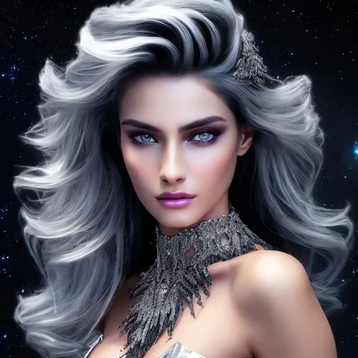 Prompt: HD 4k 3D 8k professional modeling photo hyper realistic beautiful woman ethereal greek goddess of the night
silver hair gray eyes gorgeous face black skin black shimmering dress full body silver jewelry  crown surrounded by magical glowing starlight hd landscape background of enchanting mystical stars black cosmos moon