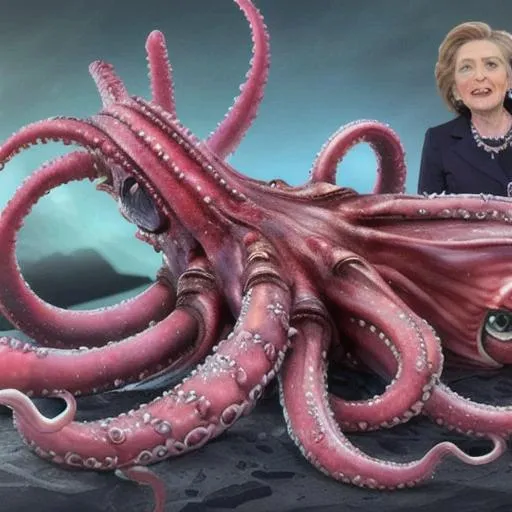 Prompt: Giant alien king squidapuscrab with razor tentacles eating hillary Clinton on January 6th giant evil detailed tentacles eating monster Nancy pelosi