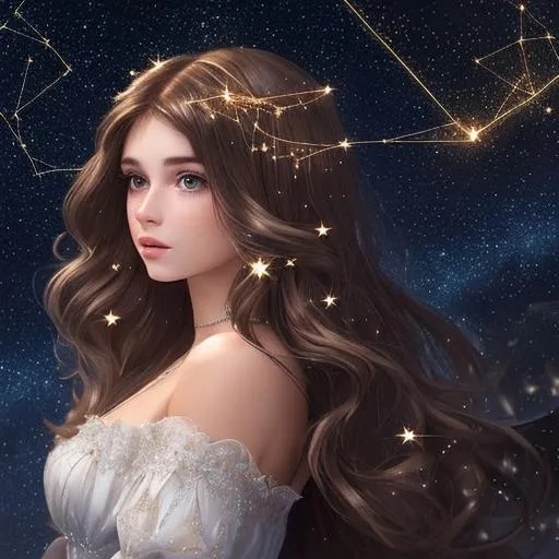 Prompt: A beautiful angel caucasian woman with magical flowing brunette hair in the style of constellations and the night sky profile picture