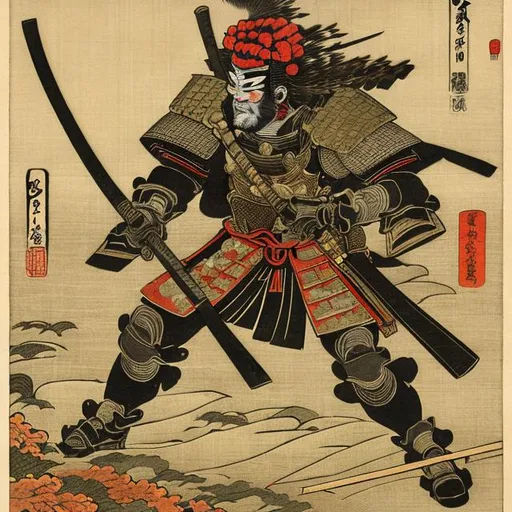 Prompt: Japanese, angry shogun, woodblock