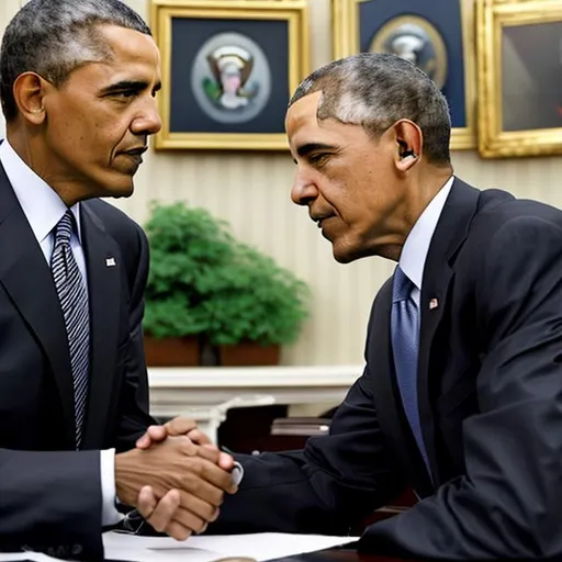 Prompt: It is a buisness office. obama  is looking sincere and having interlaced hands