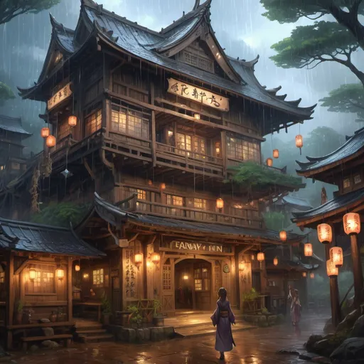 Prompt: Fantasy themed tavern call Faraway Inn, massive building part of living tree, eldritch lanterns, raining, welcoming atmosphere, signboard with ancient Japanese runes, "Welcome to the Faraway Inn", gorgeous anime style woman, woman is center of image, woman is drawn closeup in great detail