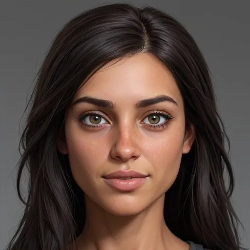 Prompt: hyper-realistic 30 year old human female, she has long very straight dark chocolate hair, she has tanned olive skin, she has hazel eyes, her eyes are wide set, she has a square face, she has an upturned nose, she has several dark moles on her face, she has dark under eye circles, fantasy character art, illustration, dnd,