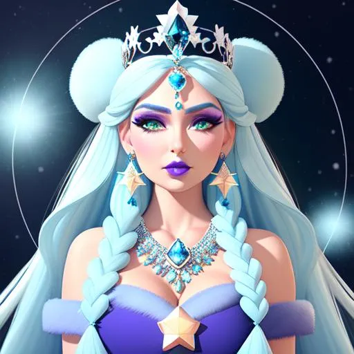 Prompt: GeminiTay, Heavy snow, Giant Blue Orb in Sky, Long Straight Blue hair, Ice crystal tiara with Green Flowers, Thick bushy blue eyebrows, medium sized nose, plump diamond shape face,  Blue lips, ethereal blue eyes, Triangle Star earrings, soft ears, Large blue plastic chain around neck, Blue heart necklaces, Purple candy shaped rings, Large blue fur coat with armor underneath. Scaley gloves. Long Blue Skirt with moons.