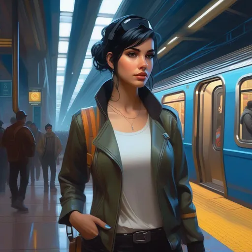 Prompt: Third person, gameplay, young woman, pale olive skin, black hair, dark brown eyes, cyberpunk, smartphone, modern subway station, blue-ish atmosphere, cartoony style, extremely detailed painting by Greg Rutkowski and by Henry Justice Ford and by Steve Henderson 