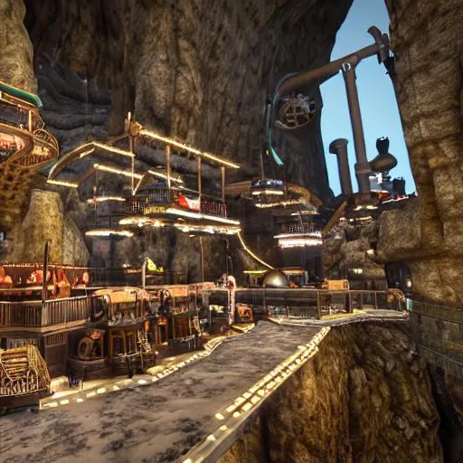 Prompt: a steampunk city inside a hollow mountain with platforms connected by walkways and ropes, floating, realistic