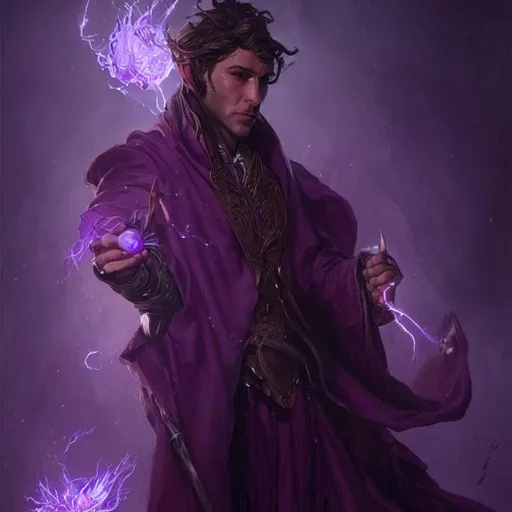 Prompt: handsome elven sorcerer, handsome face, conjuring glowing purple magic, purple sparks, mage, masculine, beautiful, handsome, fit, male body, intricate, highly detailed, digital painting, artstation, concept art, sharp focus, illustration, art by greg rutkowski and alphonse mucha