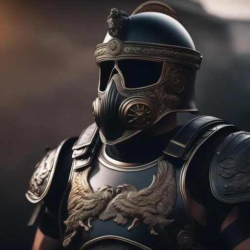 Prompt: A modern roman military male in black military armor galea helmet of roman armor, and gas mask, background war battle, Hyperrealistic, sharp focus, Professional, UHD, HDR, 8K, Render, electronic, dramatic, vivid, pressure, stress, nervous vibe, loud, tension, traumatic, dark, cataclysmic, violent, fighting, Epic