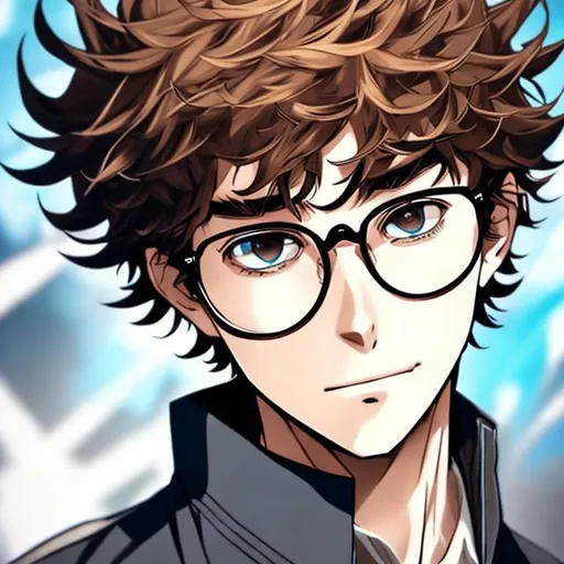 Prompt: This guy with short curly brown hair, he has blue glasses and brown eyes, with a black shirt, and he is good looking, and this is in an anime style