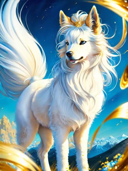 Prompt: (16k, 8k, 3D, ultra high definition, full body focus, very detailed, masterpiece, detailed painting, ultra detailed background, UHD character, UHD background) character design portrait of a beautiful medium-sized female {quadruped} with wind powers, golden-white fur and golden hairs, vivid crystal-blue eyes, long blue diamond ears with royal blue and magenta interior, (sapphire sparkling rain), cute fangs, majestic like a wolf, playful like a fox, energetic like a deer, calm and inviting smile, ears of blue point siamese cat,  fur speckled with sapphire crystals, fluffy mane, insanely detailed fur, insanely detailed eyes, insanely detailed face, standing in fantasy garden, atmosphere filled with (sparkling rain) and (flower petals), pink and cyan flowers, cherry blossoms, mountains, auroras, pink twilight sky, Sylveon