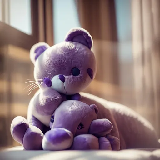 Prompt: A Siamese cat curled up napping peacefully on a large plush purple teddy bear, sunbeams warming them through a window. ((cat)) ((cozy)) ((teddy bear)) Lensed with a soft focus and natural lighting for an ambient mood. Evoking the heartwarming pet scenes of photographer Walter Chandoha.