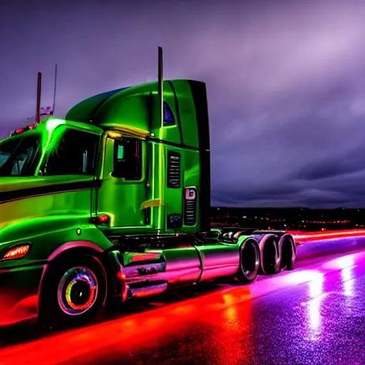 Prompt: semi truck, neon, turning moody, nighttime, dark, neon trims, 