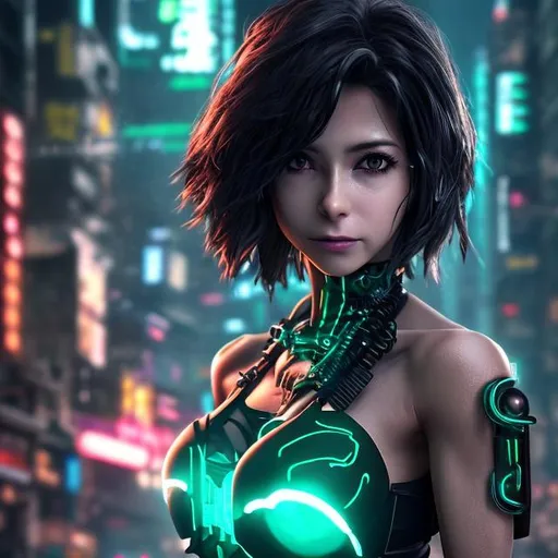 Prompt: 4k high resolution cgi anime cyberpunk style, 50 year old petite Latin female, glowing eyes, dark hair, thick body build, small chest, bare belly and low cut green halter top, 