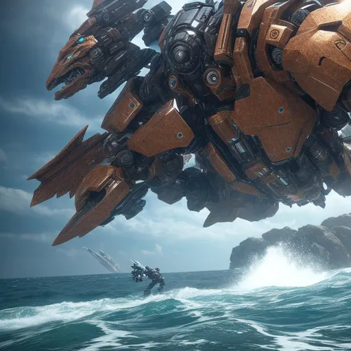 Prompt: a super realistic textured depiction of a humanoid mech fighting a monster on the ocean
