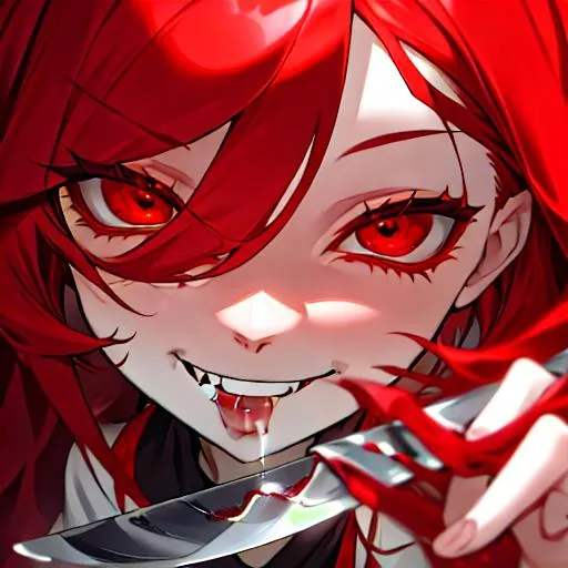 Prompt: Haley (long bright red hair) 8k, UHD, smiling sadistically, eyes wide open, licking the blade of a bloody knife, close up