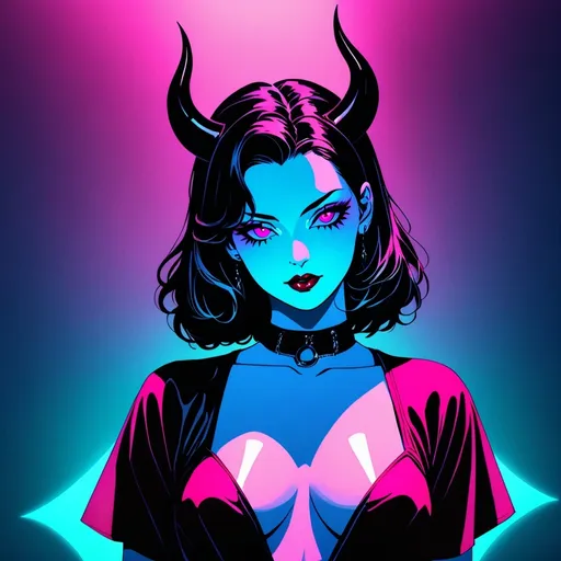 Prompt: beautiful female demon, hell, demonic, vaporwave, retro, neon, aesthetic, liminal, high quality, high definition, beautiful, dramatic lighting