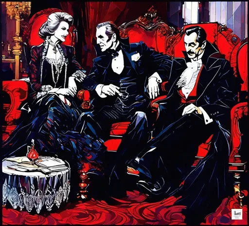 Prompt: (Vincent Price as Van Hellsing conversing with Peter Cushing as Count Dracula), Black and White pen and ink sketch style, dark color scheme, elegantly gothic attire, intricate details, dim lighting, dramatic shadows, opulent background, luxurious textures, ornate furniture, deep reds and blacks, baroque patterns, solemn atmosphere, rich color tones, dark romanticism, ultra-detailed, 4K, photorealistic masterpiece, timeless elegance.