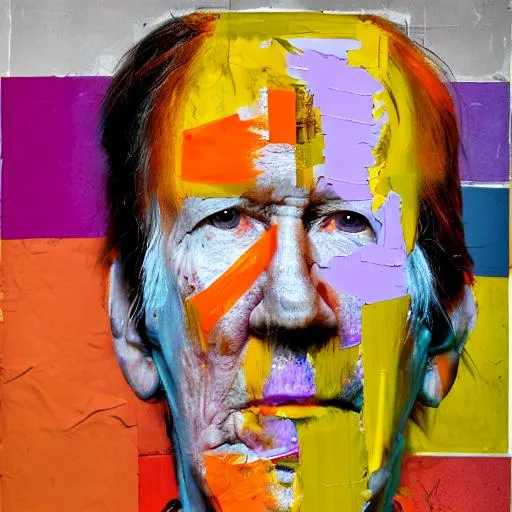 Prompt: A photo portrait, John Cage, in the style of Robert Rauschenberg, purples and oranges, youthful