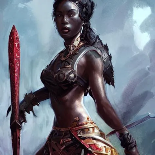 Prompt: a warrior queen holding a sword covered in blood with dark skin, with black hair
art by artgerm and felix englund and greg rutkowski