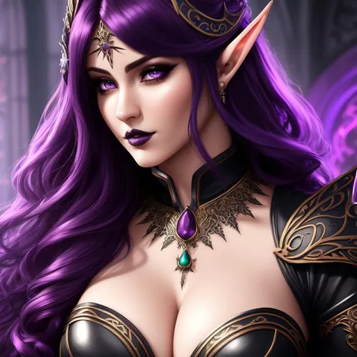 Prompt: A hyper realistic detailed character poster ((full body)) image of a half-elf masked ((sexy woman)),  with ((sexy clothes)) with ((dark purple hair)) a gothic dress, jewelry set, balayage wild hair, highly detailed, digital painting, Trending on artstation, HD quality, ((by Prywinko)), ((very huge breast)), ((sexy)), high heels