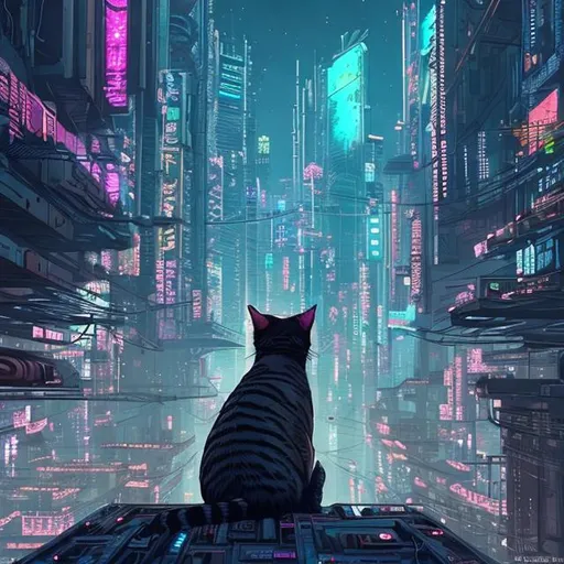 Prompt: A cat looking down a cyberpunk city