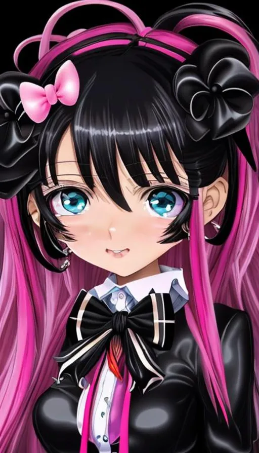 Prompt: anime art,(masterpiece), best quality, expressive eyes, perfect face, full body, 1girl, pink haired fourteen years old girl, dressed in a frilly black and pink dress, wielding a black hunting bow, black and red chocker with a pink gem, short pink hair, pink eyes, short twintails, black hair ribbons, black stockings, red Mary Jean shoes, sad expression, tears,