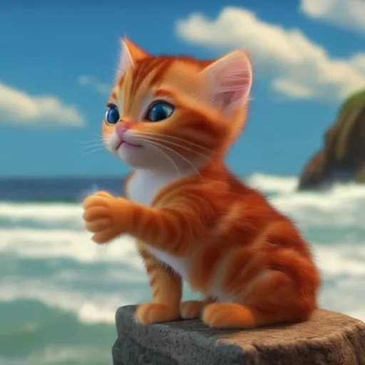 Prompt: Winking ginger kitten looks out to sea with a persicope in Disney style animation. 