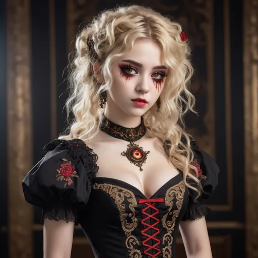 Prompt: Full body view, Masterpiece, high detailed, Anime, steampunk-setting, 20 year old girl wearing an elaborately embroidered black dress with a plunging neckline, bright red eye makeup, bloody mascara, blonde half-length curly hair, wide view, full body shot