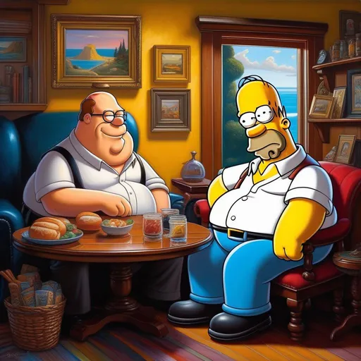 Prompt: Peter Griffin meets Homer Simpson, cartoony style, extremely detailed painting by Greg Rutkowski and by Henry Justice Ford and by Steve Henderson 