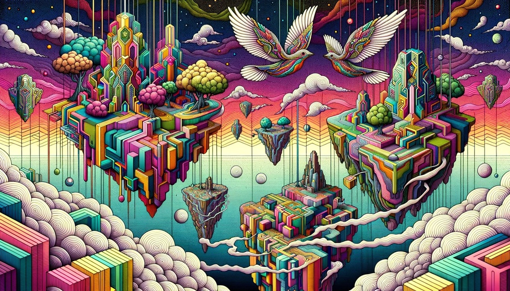 Prompt: Illustration of a dreamlike landscape with floating islands, each outlined with vibrant colors and adorned with intricate patterns. The scene has a precisionism touch with geometrically precise structures, and the sky is filled with psychedelic hues and fantastic winged creatures soaring.