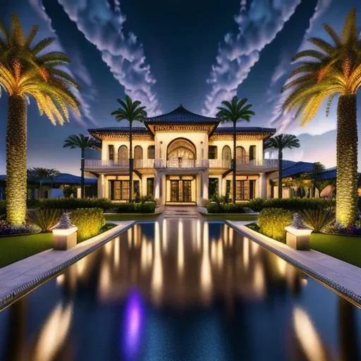 Prompt: long shot super detailed lifelike illustration, intricately detailed, dramatic , vibrant  skies gorgeous detailed high end mansion ,  cloudy night , high class area, modern cement  road , in front water fall wall 
masterpiece photoghrafic real digatal ultra realistic hyperdetailed 

iridescent reflection, cinematic light, movie 
 Lots of palm trees 

volumetric lighting maximalist photo illustration 4k, resolution high res intricately detailed complex,

soft focus, realistic, heroic fantasy art, clean art, professional, colorful, rich deep color, concept art, CGI winning award, UHD, HDR, 8K, RPG, UHD render, HDR render, 3D render cinema 4D