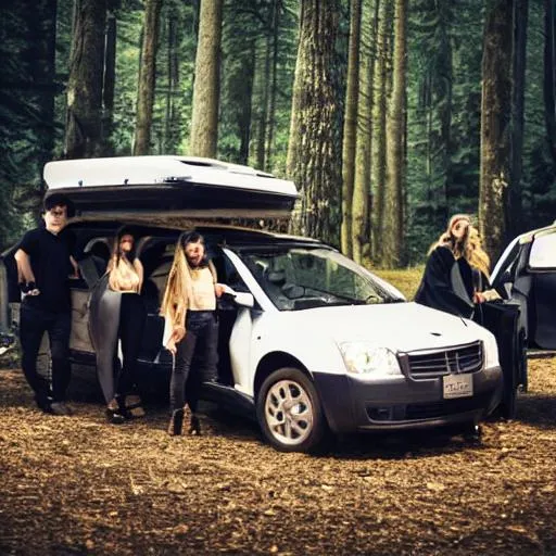 Prompt: Group of people in black clothes with suitcases standing around car at night in a forest