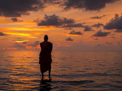 sunset in the ocean, buddhist monk | OpenArt