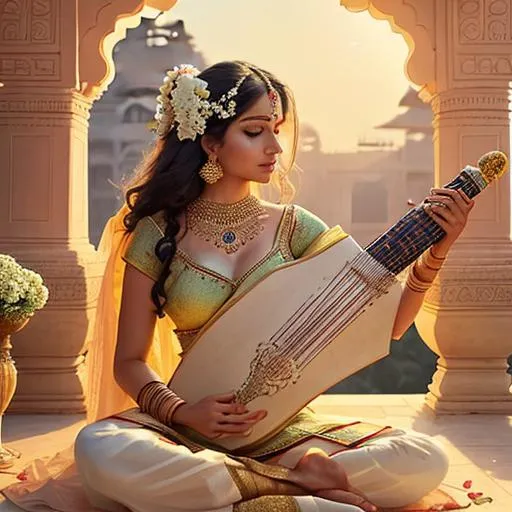 Prompt: Elegant, beautiful, and reserved lady basking under the evening sun in traditional Indian attire playing the sitar. 

She has jasmine flowers on her hair.

The background has to be classical Indian architecture.

The lighting has to be evening sun.

The image has to be very aesthetic and precise.