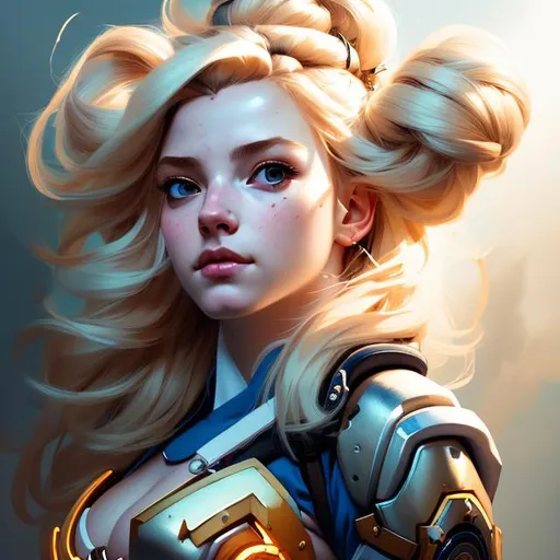 Prompt: Portrait of beautifull goddess with blonde hair and with cute face, overwatch style, perfect composition, hyperrealistic, super detailed, 8k, high quality, trending art, trending on artstation, sharp focus, studio photo, intricate details, highly detailed, by greg rutkowski