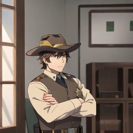 Prompt: Caleb as a county sheriff, not wearing a hat, adult, brown sheriff uniform
