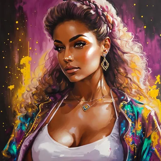 Prompt: Beautiful  woman, diamond, jewelry in stunning backdrop, surrounded by entrails, bright, classy, 80s style realistic painting, detailed, complete transparent dressing, full body, thicc,