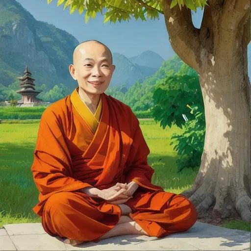 Prompt: UHD Thich Nhat Hanh smiling dressed in Buddhist monk attire in the style of Edward Hopper sitting under the bodhi tree. 