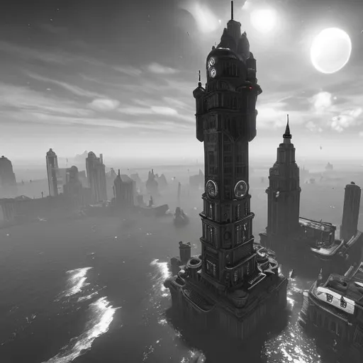 Prompt: monochrome, bioshock infinite floating cities, bioshock columbia, scifi, sky, high in air, statues, hr geiger