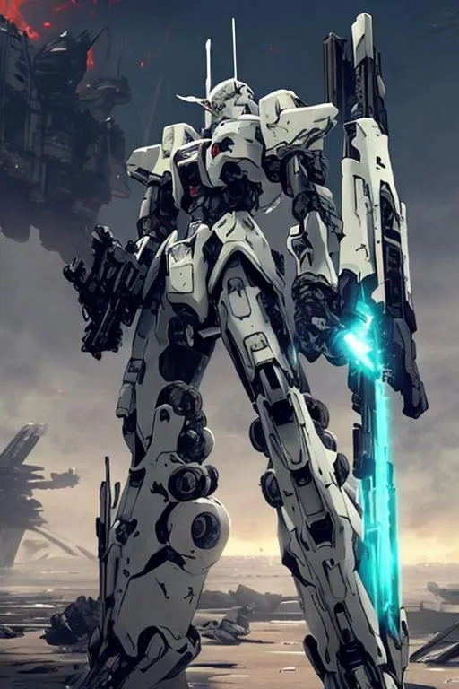 Prompt: A white mecha with sleek but complex armour design holding a rifle and floating weapons surrounding it with a ruined city as background
