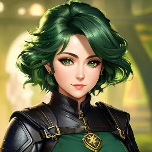 Prompt: oil painting, UHD,  8k, Very detailed, panned out view, whole character, female pathfinder gnome adult, visible face, dark green hair, black leather suit