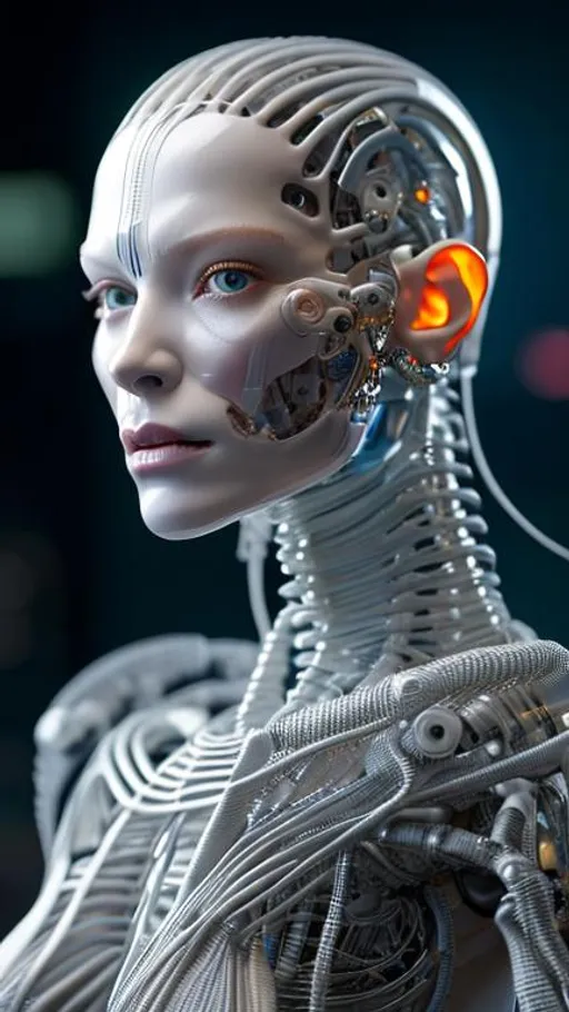 Prompt: complex 3d render ultra detailed of a beautiful porcelain profile woman android face, cyborg, robotic parts, 150 mm, beautiful studio soft light, rim light, vibrant details, luxurious cyberpunk, lace, hyperrealistic, anatomical, facial muscles, cable electric wires, microchip, elegant, beautiful background, octane render, H. R. Giger style, 8k, best quality, masterpiece, illustration, an extremely delicate and beautiful, extremely detailed , CG , unity , wallpaper, (realistic, photo-realistic:1. 37), Amazing, finely detail, masterpiece, best quality , official art, extremely detailed CG unity 8k wallpaper, absurdres, incredibly absurdres, <lora:Japanese-doll-likeness:0. 1>, <lora:koreanDollLikeness_v10:0. 5>, robot, silver halmet, full body, sitting Model: Chillout Mix