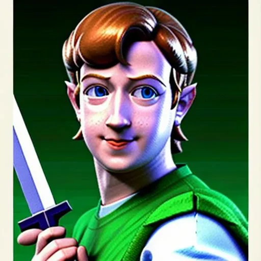 Prompt: 1998 retro Video game Box art 3D render portrait of (Mark Zuckerberg) cosplaying as Link holding a master sword and wearing a green link outfit from The Legend of Zelda: Orcarina of Time (1998) for Nintendo 64
