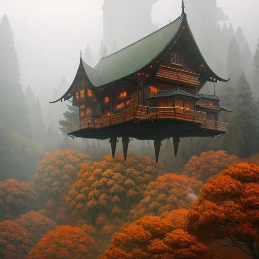 Prompt: surreal concept art of a strange winged cabin flying in an autumnal forest, foggy, gloomy, lots of details, intricate scene, correct, digital painting, fine tuned,  64k