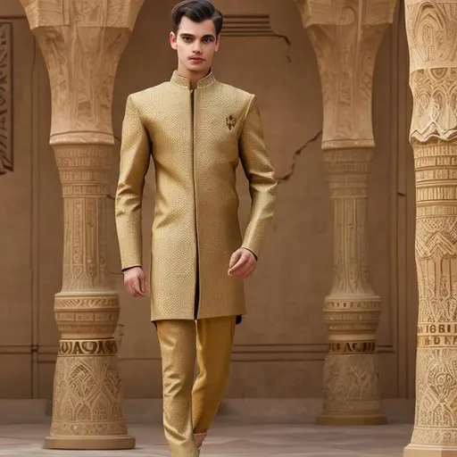 Prompt: A modern youth suit, golden color with Pharaonic engravings