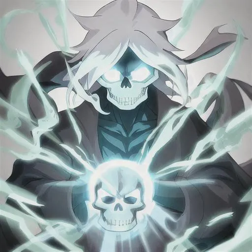 Prompt: A mysterious skull head powerful anime male character